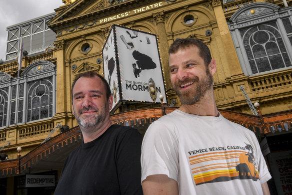 South Park creators Matt Stone and Trey Parker at the Princess Theatre, Melbourne, for the production of The Book of Mormon.