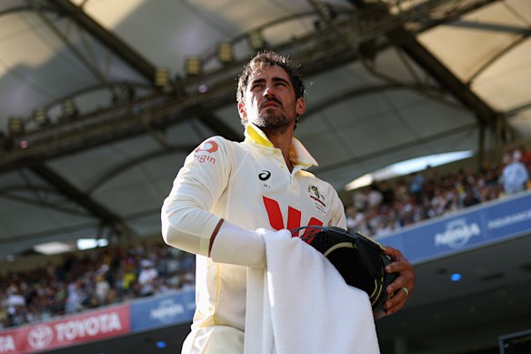 Mitchell Starc during another Ashes star turn, this time with the willow at the Gabba.
