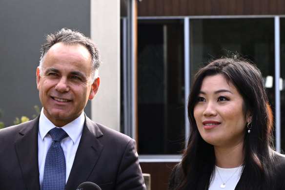 Victorian Opposition Leader John Pesutto and Liberal Party Warrandyte candidate Nicole Werner speak during a press conference at Warrandyte on Monday.