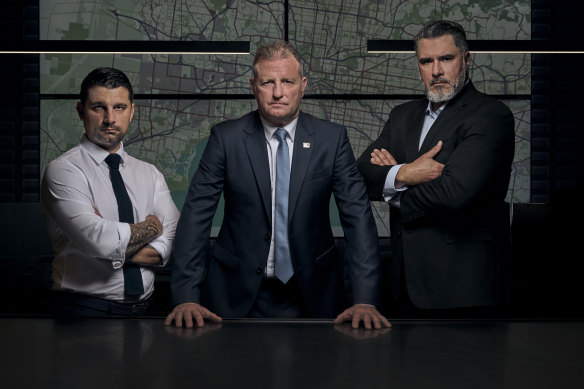 “I think [viewers] will be surprised at the things law enforcement can do to track you and how hard it is actually to cover your tracks,” says chief hunter David Craig (centre), pictured with Ben Owen and Reece Dewar.