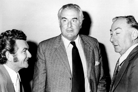 "The Prime Minister, Mr. Gough Whitlam confers with Mr. Bob Hawke, Senator Lionel Murphy in the city today." April 17, 1974.