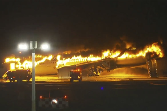 The Japan Airlines Airbus A350 ablaze on the tarmac in Tokyo in January.