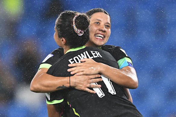 Sam Kerr congratulates Mary Fowler on her return to the international scoreboard. Both players were returning from ACL injuries, but played big minutes in the tournament.