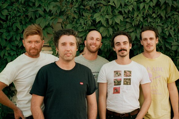 Joe White, Fran Keaney, Marcel Tussie, Joe Russo and Tom Russo of Rolling Blackouts Coastal Fever in 2020.