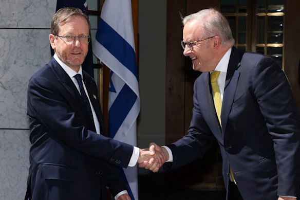 Israeli President Isaac Herzog with Prime Minister Anthony Albanese at Parliament House on Wednesday.