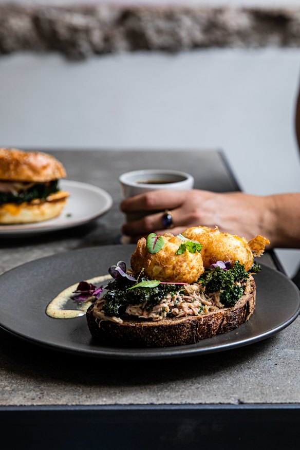Panko-crumbed eggs on toast. 