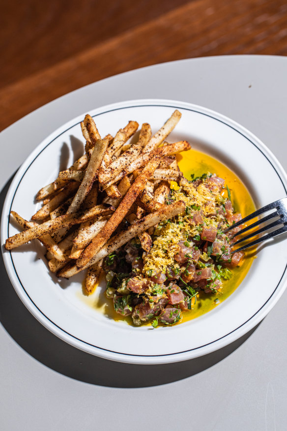 Tuna tartare with chips and cured egg yolk.