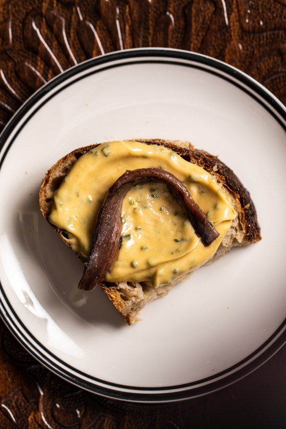 Sourdough toast with butter and a Cantabrian anchovy.