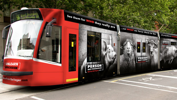 An artist impression of the Be Fair Be Vegan campaign that was dropped by Yarra Trams. 