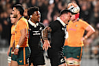 Codie Taylor of the All Blacks celebrates scoring a try.