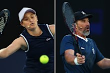 Ash Barty and Pat Rafter on court at the Australian Open opening ceremony.
