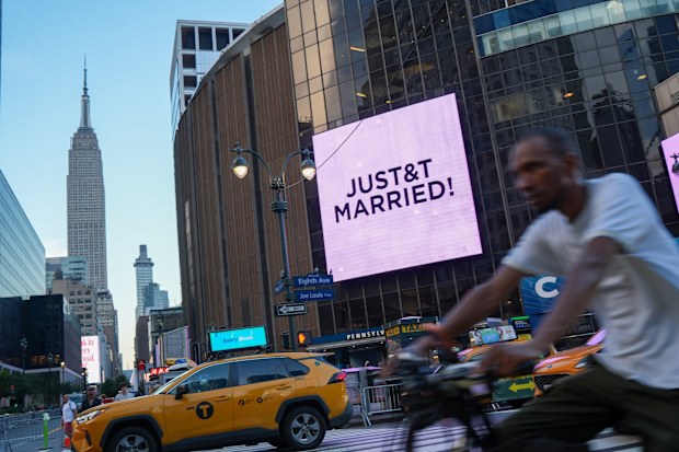 A "Just Married" sign is displayed on Madison Square Garden during a wedding between singer Taylor Swift and National Football League player Travis Kelce on Friday, July 3, 2026, in New York. (AP Photo/Ryan Murphy)