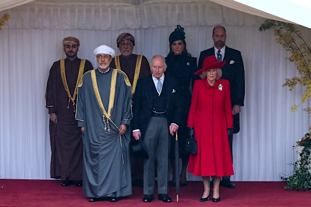 (L-R) H.H. Sayyid Theyazin bin Haitham Al Said Deputy Prime Minister for Economic Affairs, The Sultan of Oman Haitham bin Tariq Al Said, H.H. Sayyid Shihab bin Tariq Al Said, Deputy Prime Minister for Defence Affairs, King Charles III, Catherine, Princess of Wales, Queen Camilla and Prince William, Prince of Wales during the State Visit of the Sultan Of Oman to the UK on October 20, 2026 in Windsor,
