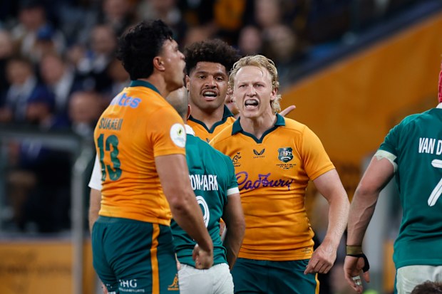Carter Gordon of the Wallabies reacts during the Nations Championship match between Australia Wallabies and Ireland at Allianz Stadium on July 04, 2026 in Sydney, Australia. 
