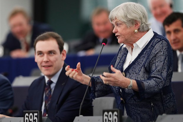 Britain’s European parliament member Ann Widdecombe, right, of the Brexit party, speaks during a debate at the European parliament, Jan. 14, 2020, in Strasbourg, eastern France. 