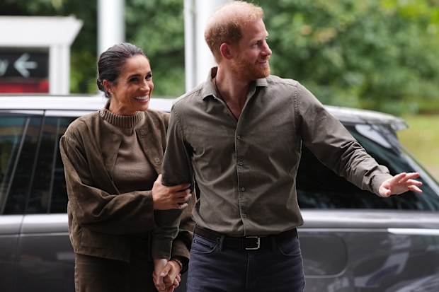 Prince Harry, Duke of Sussex and Meghan, Duchess of Sussex arrive at the Australian National Veterans Arts Museum (Anvam) in Southbank on April 14, 2026 in Melbourne, Australia.