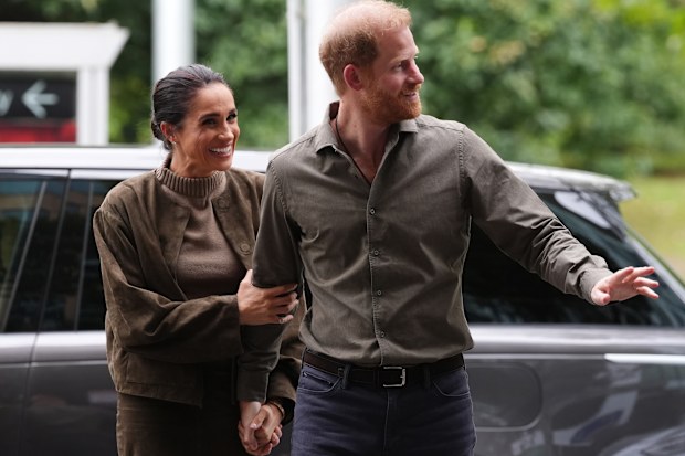 Prince Harry, Duke of Sussex and Meghan, Duchess of Sussex arrive at the Australian National Veterans Arts Museum (Anvam) in Southbank on April 14, 2026 in Melbourne, Australia.