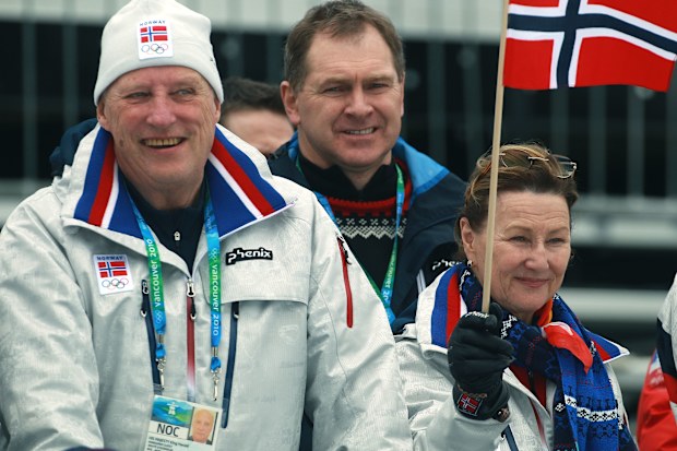 King Harald V (L) and Queen Sonja of Norway attend the Men’s 50 km Mass Start Classic cross-country skiing on day 17 of the 2010 Vancouver Winter Olympics at Whistler Olympic Park Cross-Country Stadium on February 28, 2010
