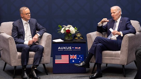 Prime Minister Anthony Albanese and US President Joe Biden at a naval base in San Diego.