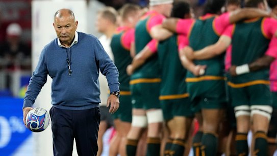 Eddie Jones with the Wallabies in Lyon ahead before the loss to Wales.