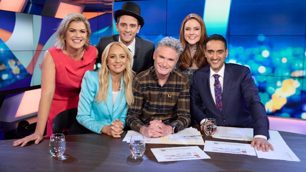 Sarah Harris (left), Carrie Bickmore, Sam Taunton, Dave Hughes, Georgie Tunny and Waleed Aly farewell The Project on Friday night.