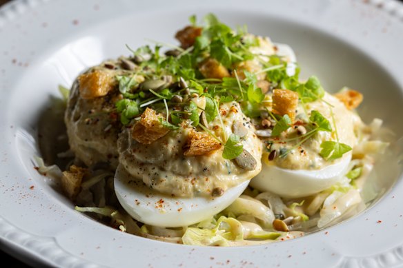 Oeuf mimosa aka devilled eggs with spanner crab.
