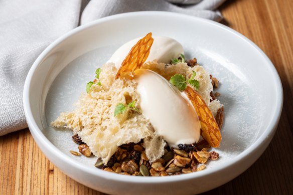 Me-mil - buckwheat cake, doenjang caramel, toasted nuts and seeds, gochujang tuille and sesame ice-cream.