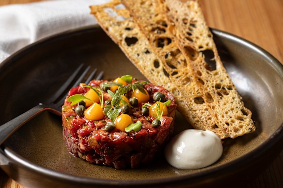 Wagyu tartare features diced nashi pear.