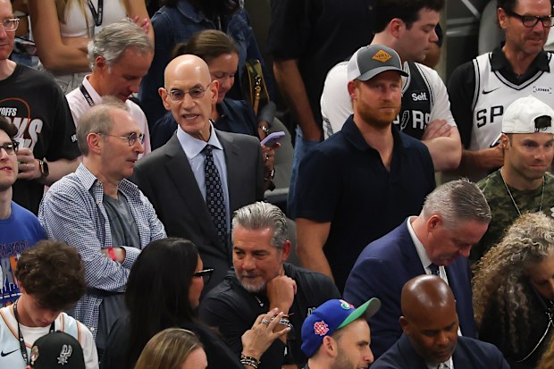 NBA Commissioner Adam Silver and Prince Harry look on during the third quarter in Game Five of the 2026 NBA Finals between the San Antonio Spurs and the New York Knicks