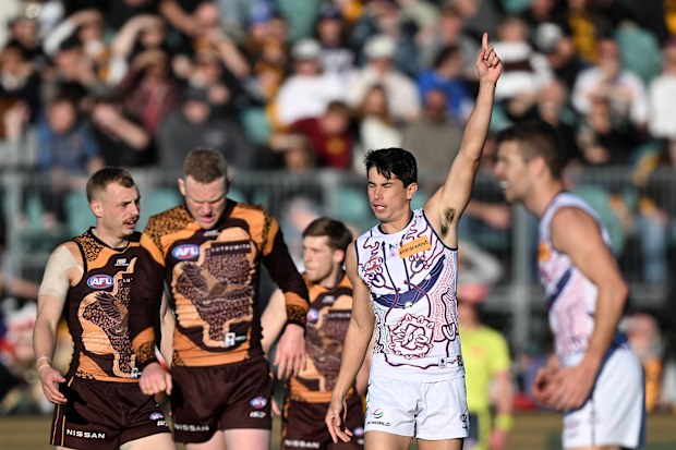Bailey Banfield of the Dockers celebrates a goal during the round 18 AFL match between Hawthorn Hawks and Fremantle Dockers.