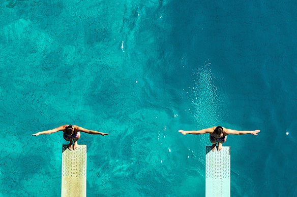 Athletes during practice prior to the preliminaries of the World Aquatics Junior Diving Championships 2024, at Julio Delamare water park in Rio de Janeiro, Brazil.