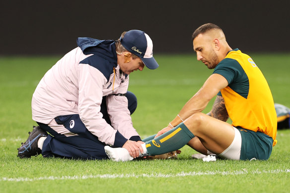 Quade Cooper injured himself in the warm-up ahead of Australia’s first Test against England.