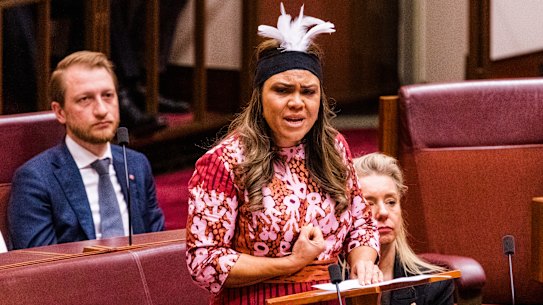 Liberal Senator Jacinta Price delivering her first speech in the Senate.