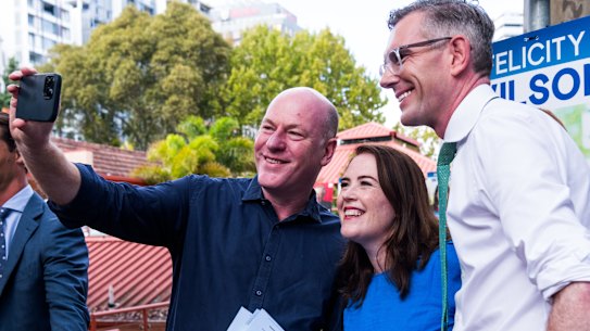 North Shore MP Felicity Wilson with former federal MP Trent Zimmerman and former premier Dominic Perrottet ahead of the 2023 state election,