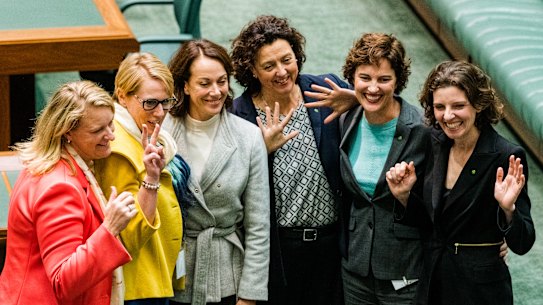 It was all smiles in 2022 for the teals (from left): Kylea Tink, Zoe Daniel, Sophie Scamps, Monique Ryan, Kate Chaney and Allegra Spender.