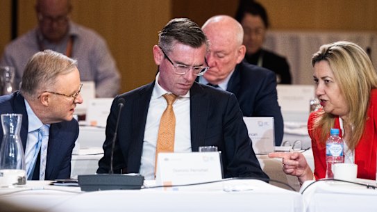 Anthony Albanese, NSW Premier Dominic Perrottet and Queensland Premier Annastatica Palaszczuk discuss policy ideas during the jobs summit.