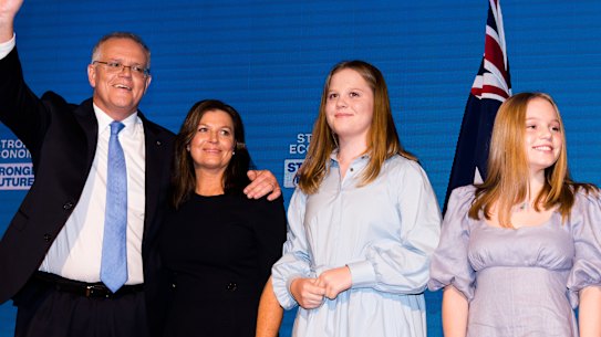 Scott Morrison and his family at the Brisbane Convention and Exhibition Centre on Sunday.