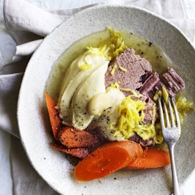 Corned silverside with slow-cooked carrots and mustard sauce.