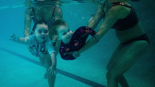 Tomas De Foxa Ducat and James Radman learning water safety skills at Speedo Swim Centre in Bondi Beach.