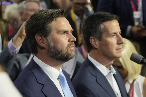 Vance watches with Republican Senate candidate Bernie Moreno at the Republican National Convention on July 15, 2024.