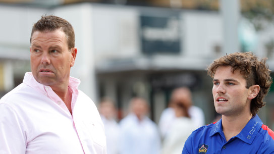 Prominent player agent Paul Connors at last year’s AFL draft with his client Nick Watson, who was picked up by Hawthorn. 