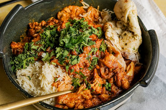 Cheat’s korma curry with cauliflower and halloumi.
