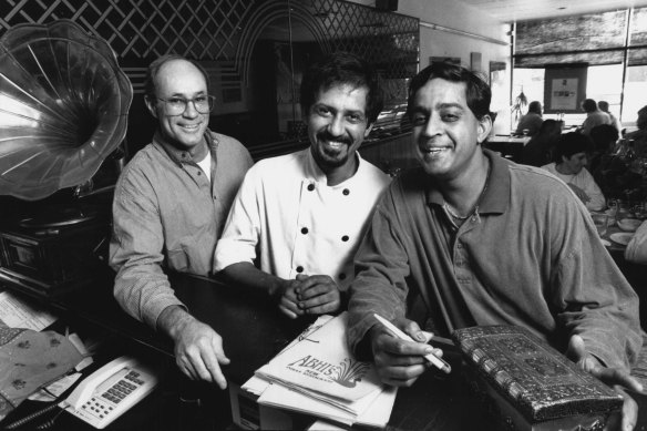 Abhi’s in 1994 with (from left) original co-owner Doug Moxon, chef Amit Guna and owner-chef Kumar Mahadevan.