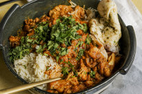 Cheat’s korma curry with cauliflower and halloumi.