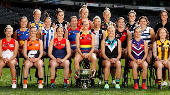 The AFLW captains, with Nicole Livingstone, AFL head of women’s football, far right.