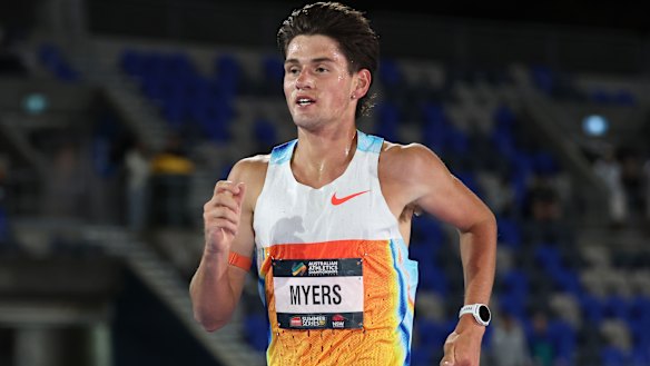 SYDNEY, AUSTRALIA - APRIL 11: Cameron Myers of Australian Capital Territory competes in the Men’s 5000m Final during the 2026 Australian Athletics Championships at Sydney Olympic Park Athletic Centre on April 11, 2026 in Sydney, Australia. (Photo by Cameron Spencer/Getty Images)