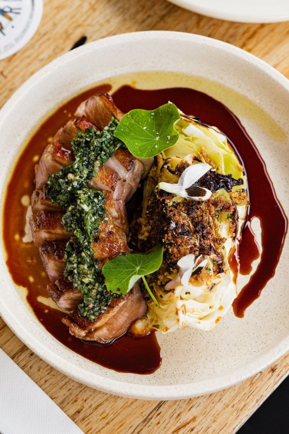 Duck breast with hispi cabbage.