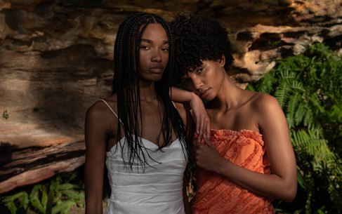 Models Shantae and Lenny in AJE at Victoria Lodge, on May 10, 2023, in Sydney, Australia.  Photo: Flavio Brancaleone / The Sydney Morning Herald