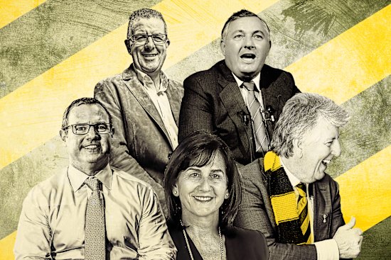 Richmond powerbrokers (clockwise from bottom left): Former Macquarie bank executive Nick O’Kane, club president John O’Rourke, former businessman and president Alan Bond, and No.1 male and female ticket holders Mark Nelson and Evelyn Danos.