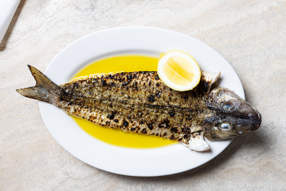 Grilled whole King George whiting with lemon and olive oil.